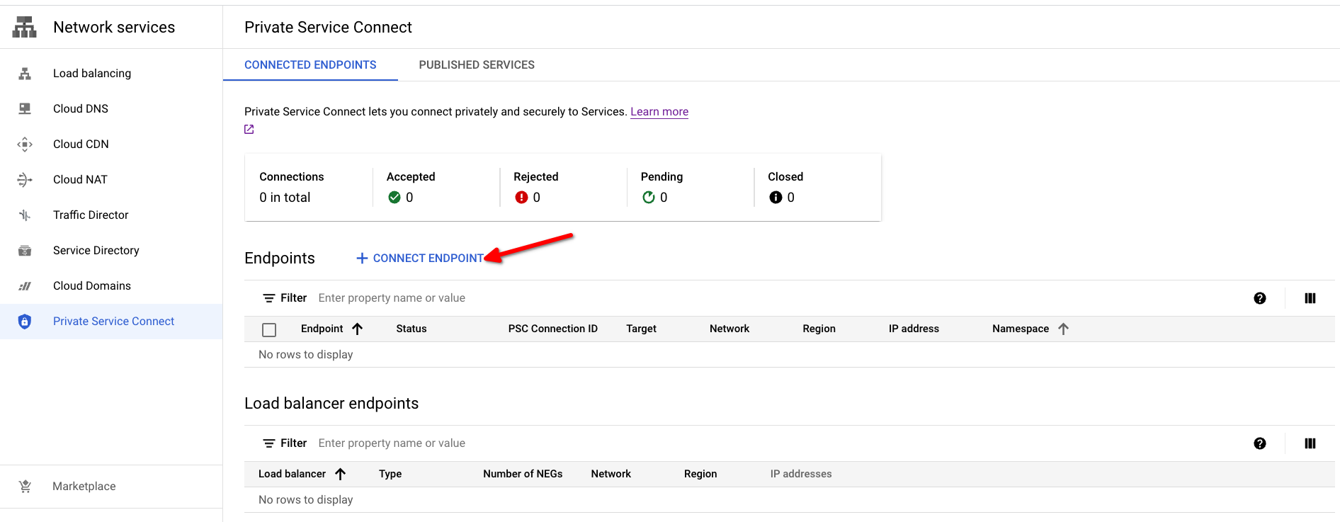 Open Private Service Connect in Google Cloud Console - Zoomed
