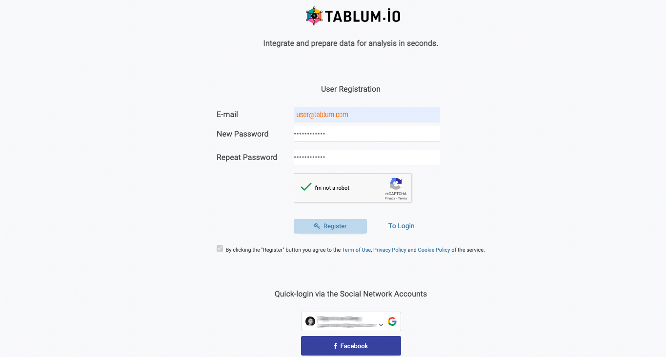 TABLUM.IO login page - Zoomed