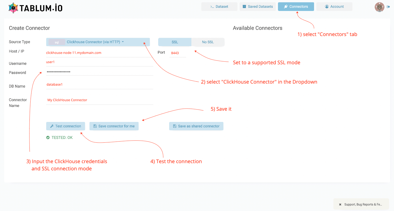 Adding a ClickHouse connector in TABLUM.IO - Zoomed