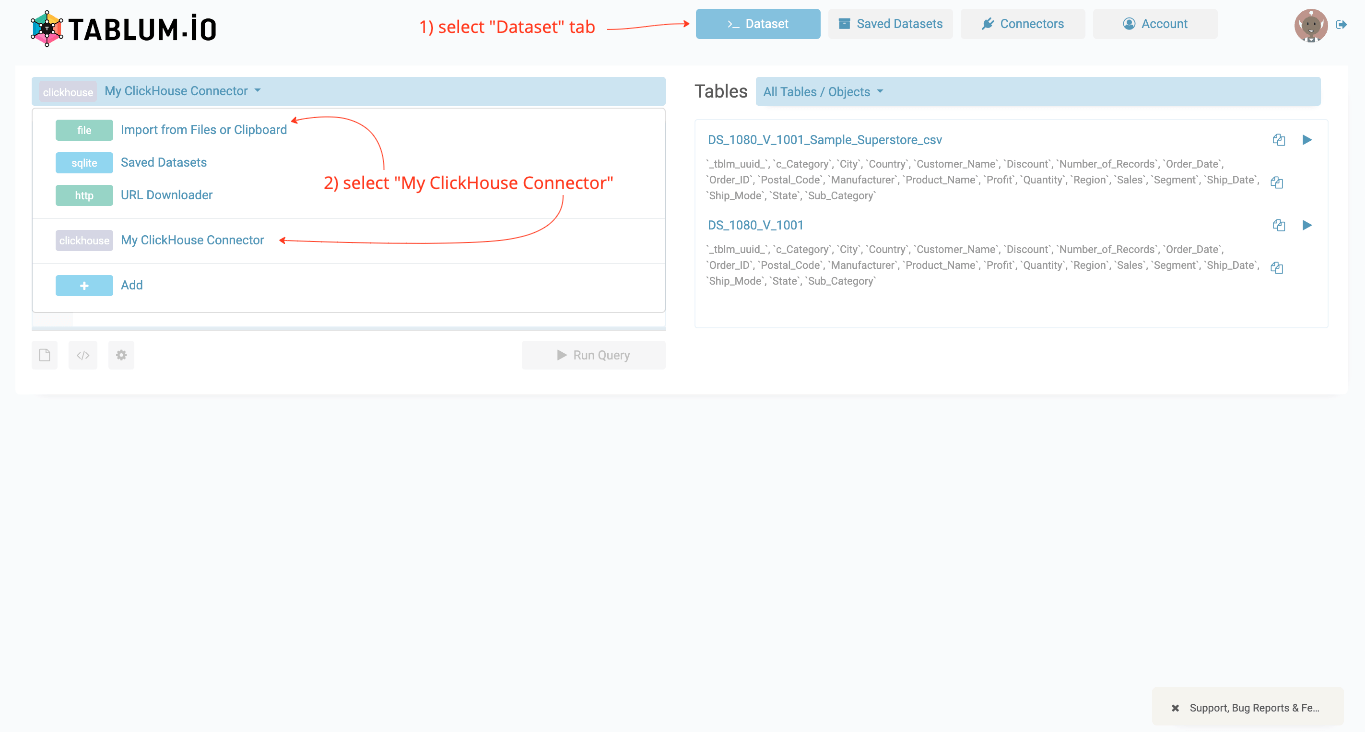 Selecting the ClickHouse connector in TABLUM.IO - Zoomed