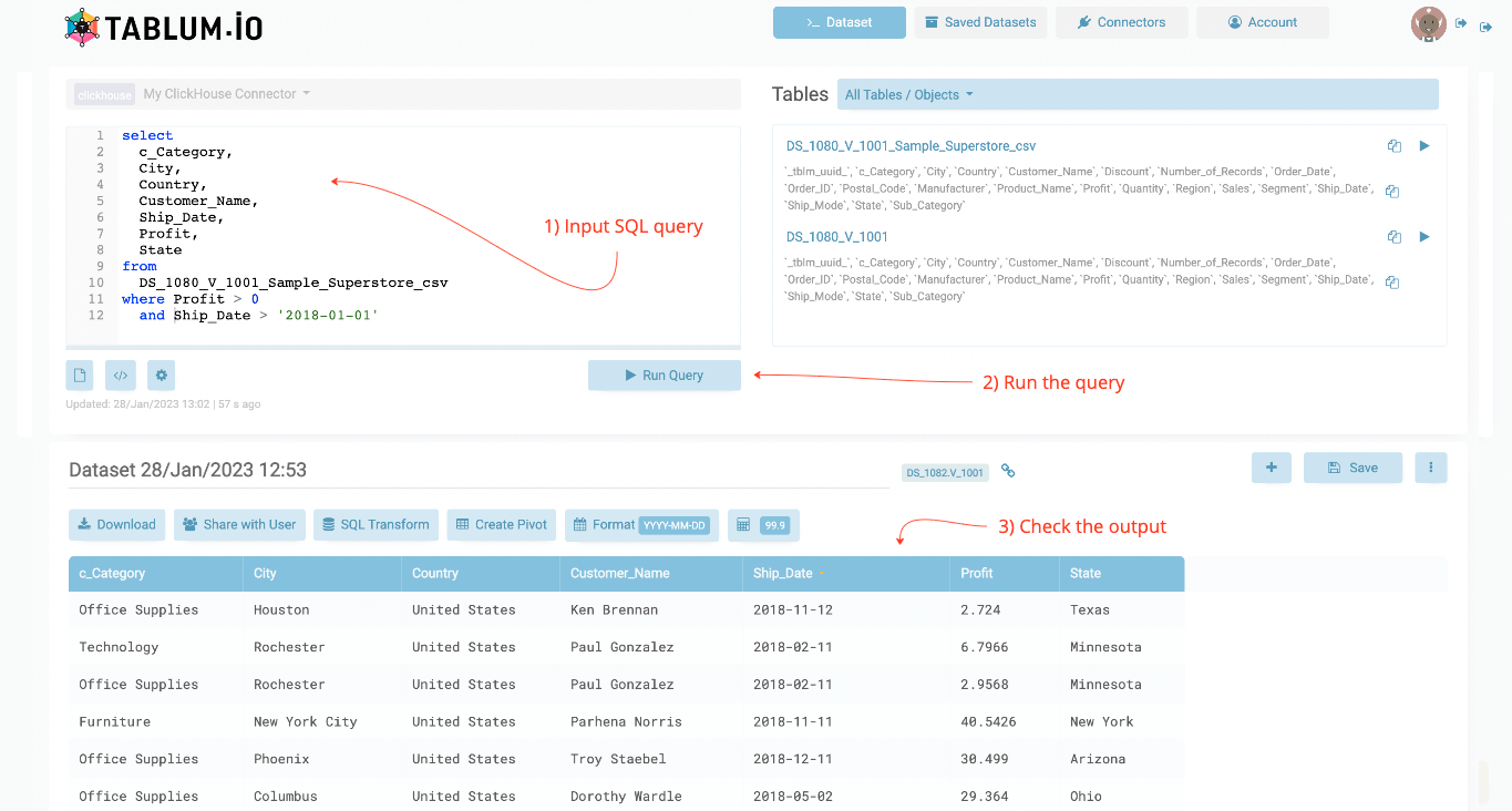 Running a SQL query in TABLUM.IO - Zoomed